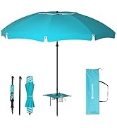 HOMEDEMO 7FT Portable Folding Beach Umbrella with Built-in Table &amp; Hanging Hook, Quick Fold Desig...