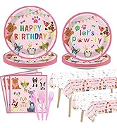 98pcs Dog Birthday Party Decorations Puppy Tableware Set Plates Napkins Pink Dog Theme Tablecloth...
