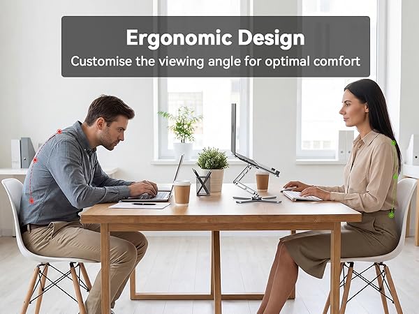 Text reads 'Ergonomic Design' and 'Customize the viewing angle for optimal comfort'. Multiple views of adjustable record display stand in office settings.