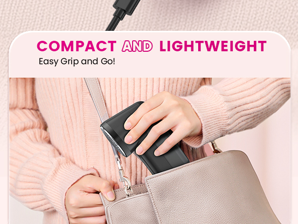 Compact handheld garment steamer being used on a beige bag. Text reads 'COMPACT AND LIGHTWEIGHT Easy Grip and Go!'