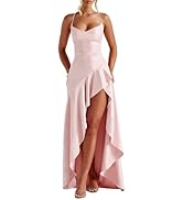 Women's Backless Formal Maxi Evening Gowns Cocktail Dress Thigh High Slit Ruffle Hem Maxi Dress B...