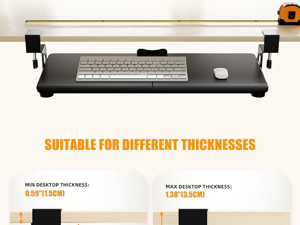 Text reads 'SUITABLE FOR DIFFERENT THICKNESSES'. Product demonstration showing adjustable mounting system with measurement indicators and installation examples on various surface depths.