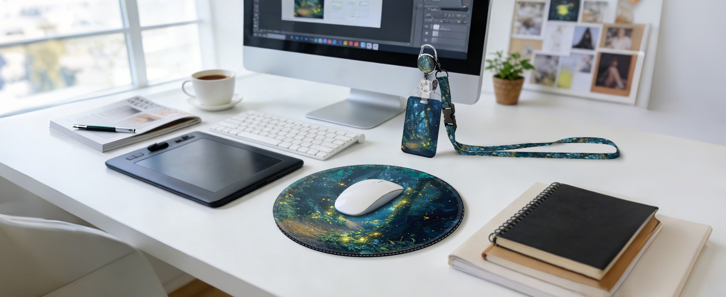 desk mouse pad and badge holder with lanyard