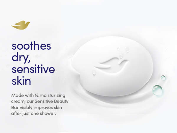 Beauty bar on a creamy texture background with soothing dry and sensitive skin benefit messaging