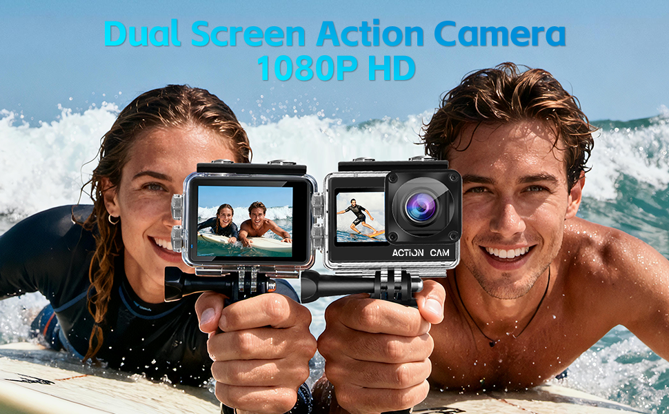 Text: 'Dual Screen Action Camera 1080P HD'. Action camera product shot showing device with dual screens.