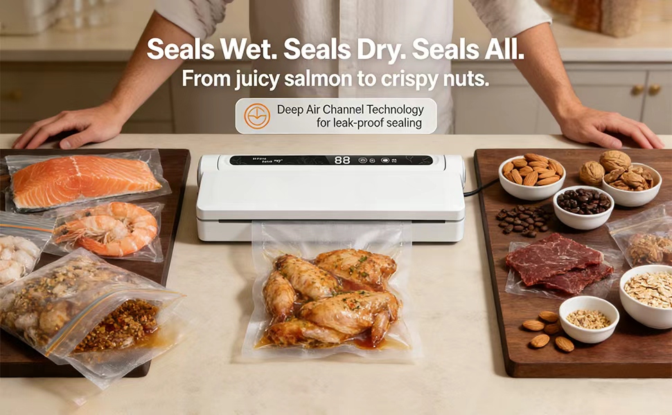 Seals Wet. Seals Dry.Seals All. From juicy salmon to crispy nuts.