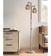 OYEARS Retro Farmhouse Rattan Floor Lamp Boho for Living Room Rustic Standing Lamps Tree Trunk De...
