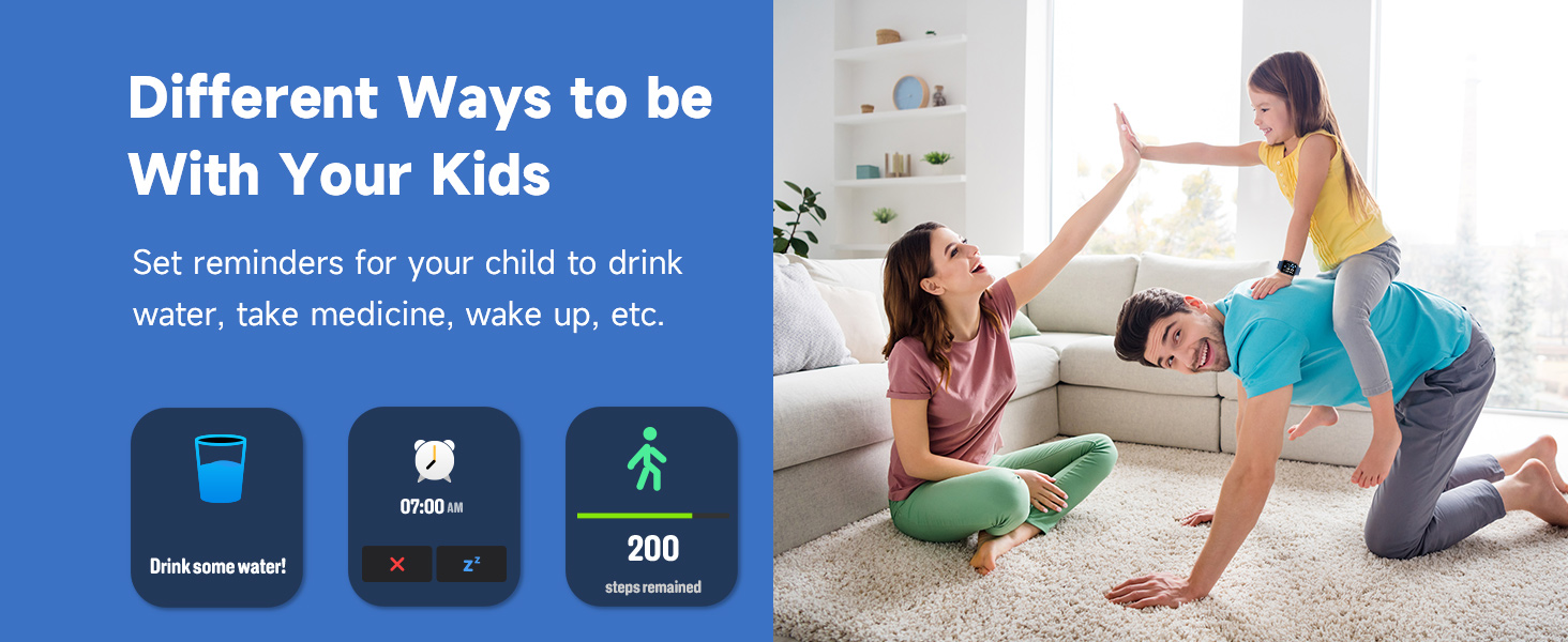 Mobile app interface showing child care reminders with icons for water, medicine, and exercise, alongside an image of interactive play.
