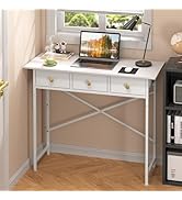 DAOUTIME White Writing Desk with 3 Drawers for Bedroom, 37.2 Inch Small Computer Desk for Small S...