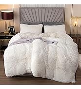 EMME Plush Shaggy White Duvet Cover Set Queen Size Luxury Fuzzy Comforter Cover Set for Queen Bed...