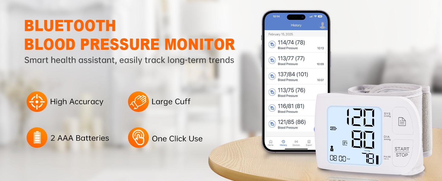 Bluetooth blood pressure monitor with smartphone app history screen
