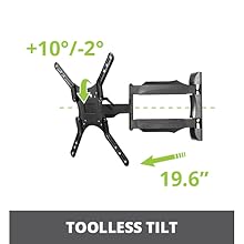 Toolless tilt mechanism allows up to 12 degrees of tilt and up to 19.6 inch extension