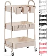 3 Tier Khaki Metal Utility Rolling Cart, Storage Cart with Handle and Lockable Wheels, Multifunct...
