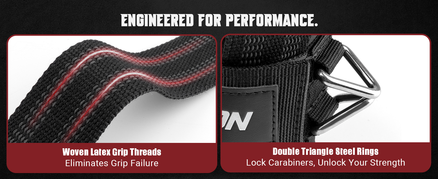 Close-up of performance features: non-slip woven latex threads and double triangle steel rings.