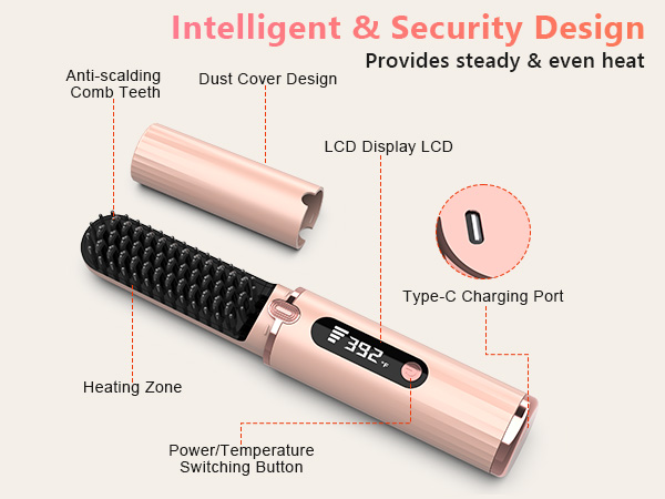Cordless Hair Straightener Brush, Portable 4500mAh Rechargeable Straightening Comb, MCH Fast Heat