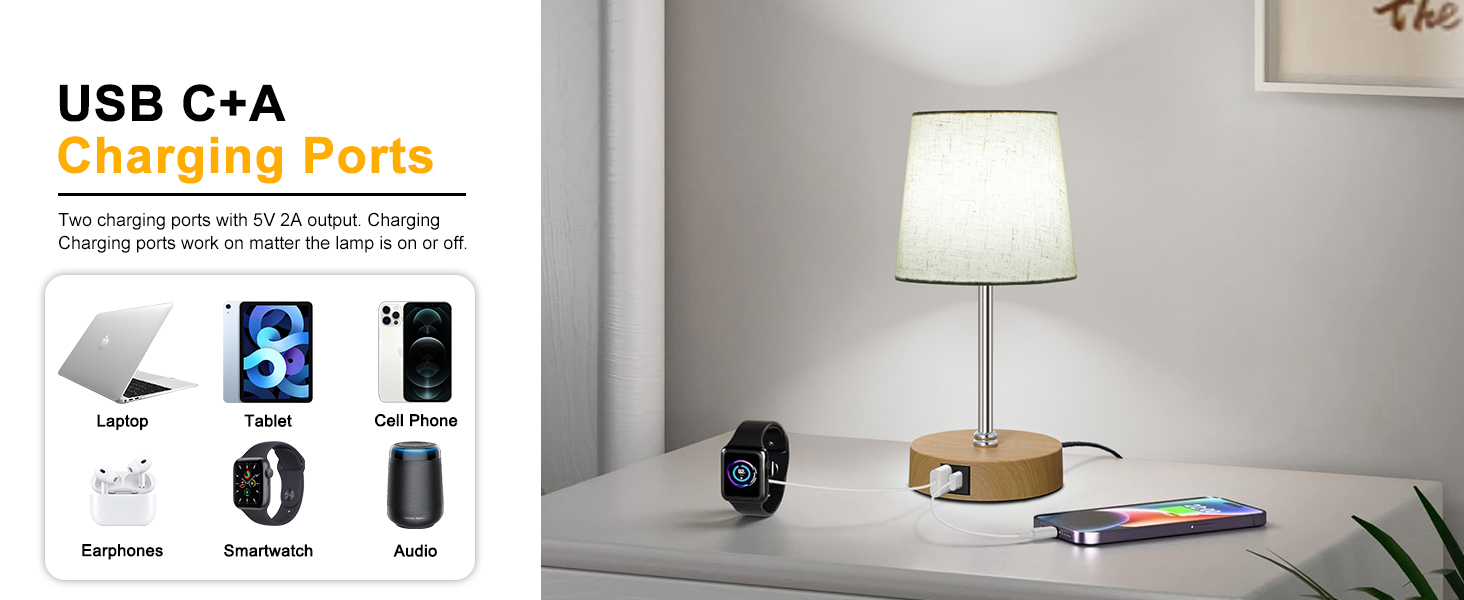 Nightstand Lamp with Dual USB Ports