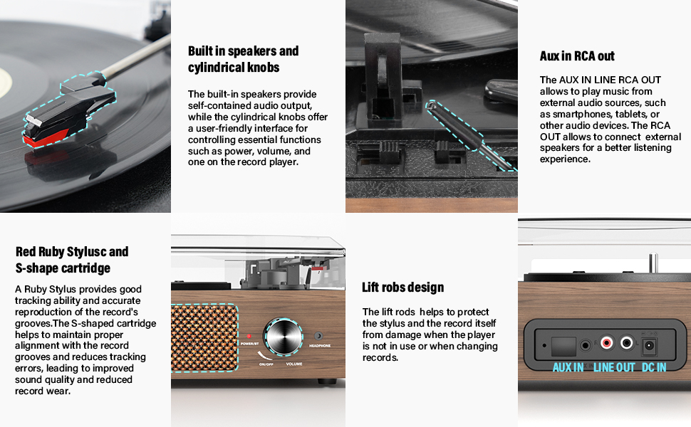 Record Player with Speakers Red Ruby Stylusc Lift Robs Design AUX IN RCA OUT Headphone Jack