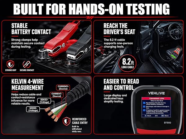 BT900 battery tester with clamps and long cable testing