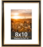 QOTIB 8x10 Picture Frame with 5x7 Mat, Black with Gold Trim Photo Frame, Display 5x7 with Mat or ...