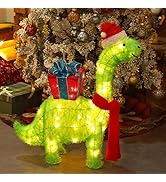 WATERGLIDE Lighted Christmas Green Dinosaur with Gift Box Decorations, 27 Inch Pre-Lit Light Up 3...