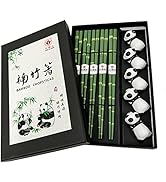 LANHUTHS Wooden Chopsticks Reusable 5 Pairs Gift Set with 5pcs porcelain rest Panda and Green Bam...
