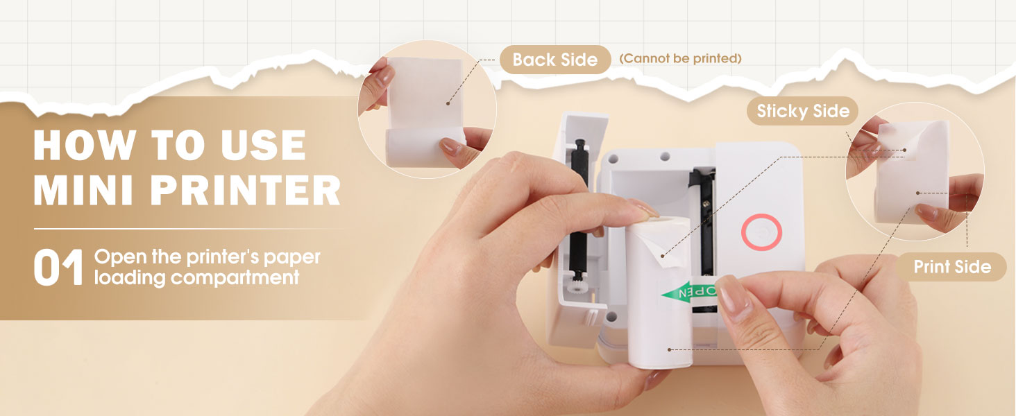 How to use mini printer, Step 1: Open the printer&amp;#39;s Paper loading compartment