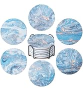 6Pcs Absorbent Coasters Set with Holder,Ceramic Drink Coaster,4 in(A9) | Marble Style Ceramic Dri...