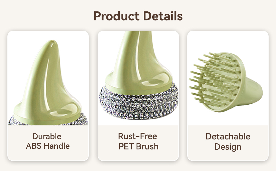 Close-up views of scrubber details including ABS handle, rust-free PET brush, and detachable design