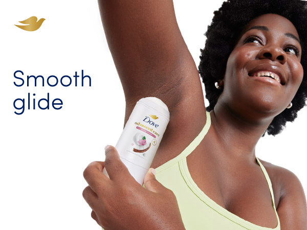 Smiling woman in tank top applying antiperspirant spray next to text that says: Smooth glide.