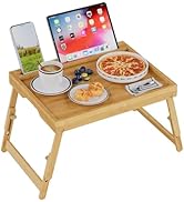 Artmeer Bed Tray Table with Folding Legs, Bamboo Breakfast Food Tray with Media Slot, Use As Plat...