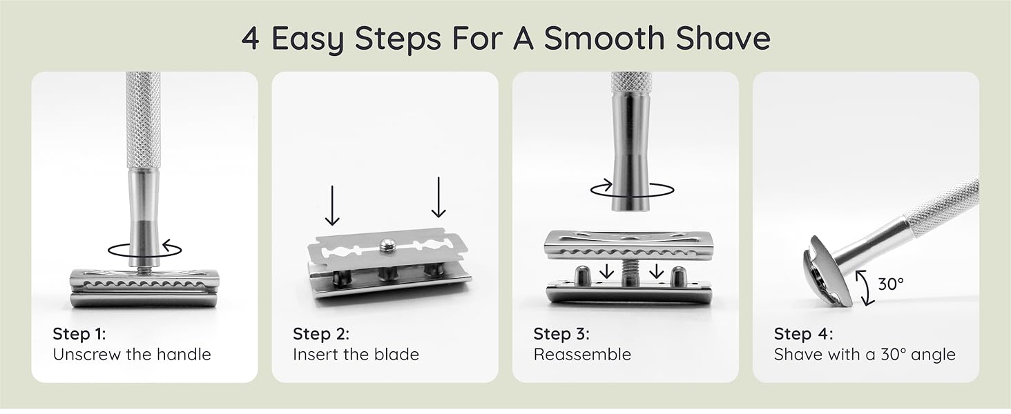Four-step instructional guide for shaving, showing razor components and assembly process with simple illustrations and text descriptions.