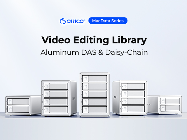 ORICO NAS-Data Series video editing library showing multiple aluminum DAS and daisy-chain storage units in varying sizes arranged in ascending order.