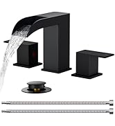 FORIOUS Square Matte Black Waterfall Commercial Bathroom Faucets 3 Hole, 8 Inch Widespread Bathro...
