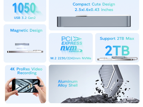 Magnetic 10Gbps NVMe enclosure for 2230 2242 SSD
