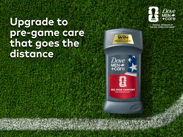 Top view of a soccer field with a Men+Care All Star Comfort Antiperspirant Stick, next to text.