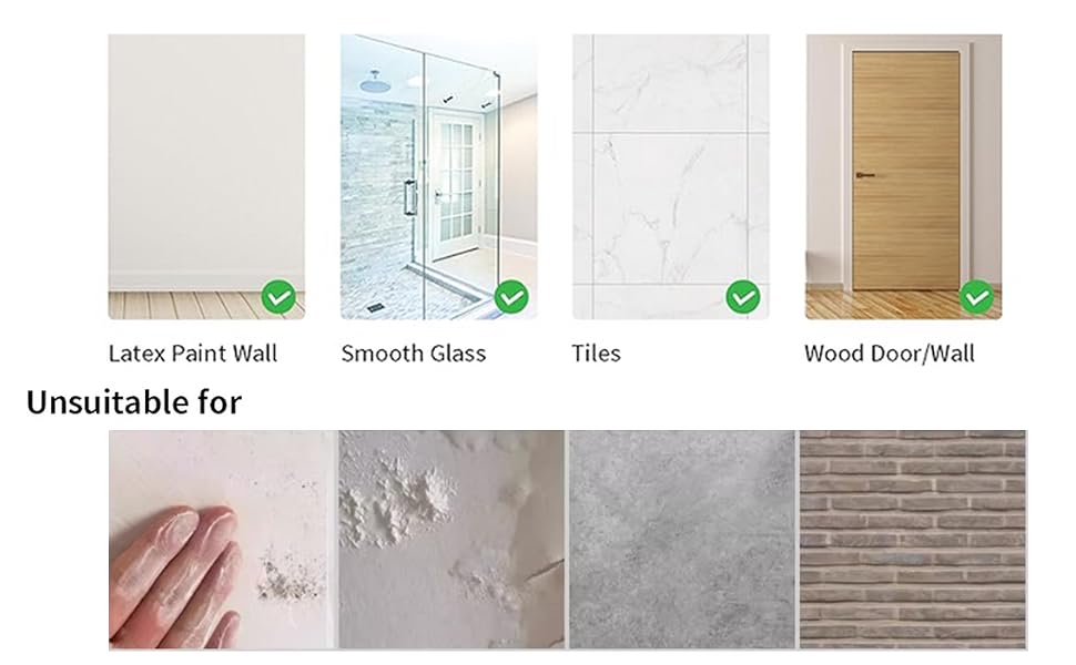 Comparison chart showing suitable and unsuitable surfaces. Suitable: smooth glass, tiles, wood door/wall. Unsuitable: latex paint wall, hand on textured surface.