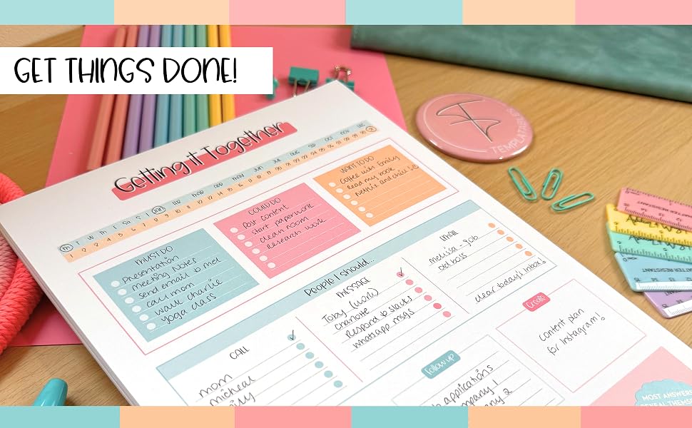 Text reads 'Get Things Done'. Collection of colorful planning pages and notes with pastel highlights and organized writing sections.