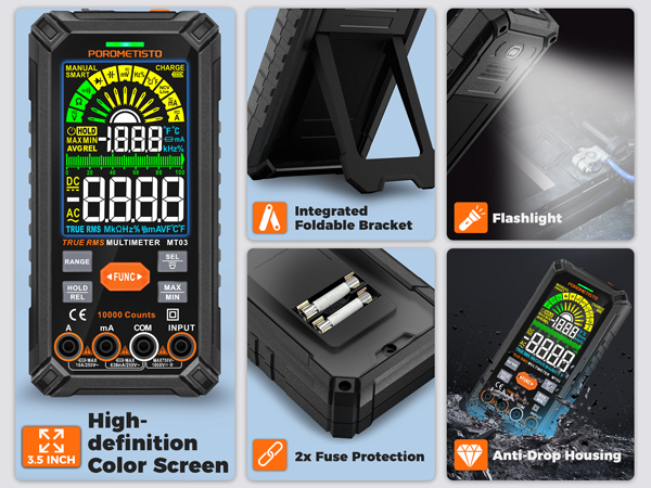 Color Screen, 2x Fuse Protection, Anti-Drop Housing, Integrated Foldable Bracket, Flashlight