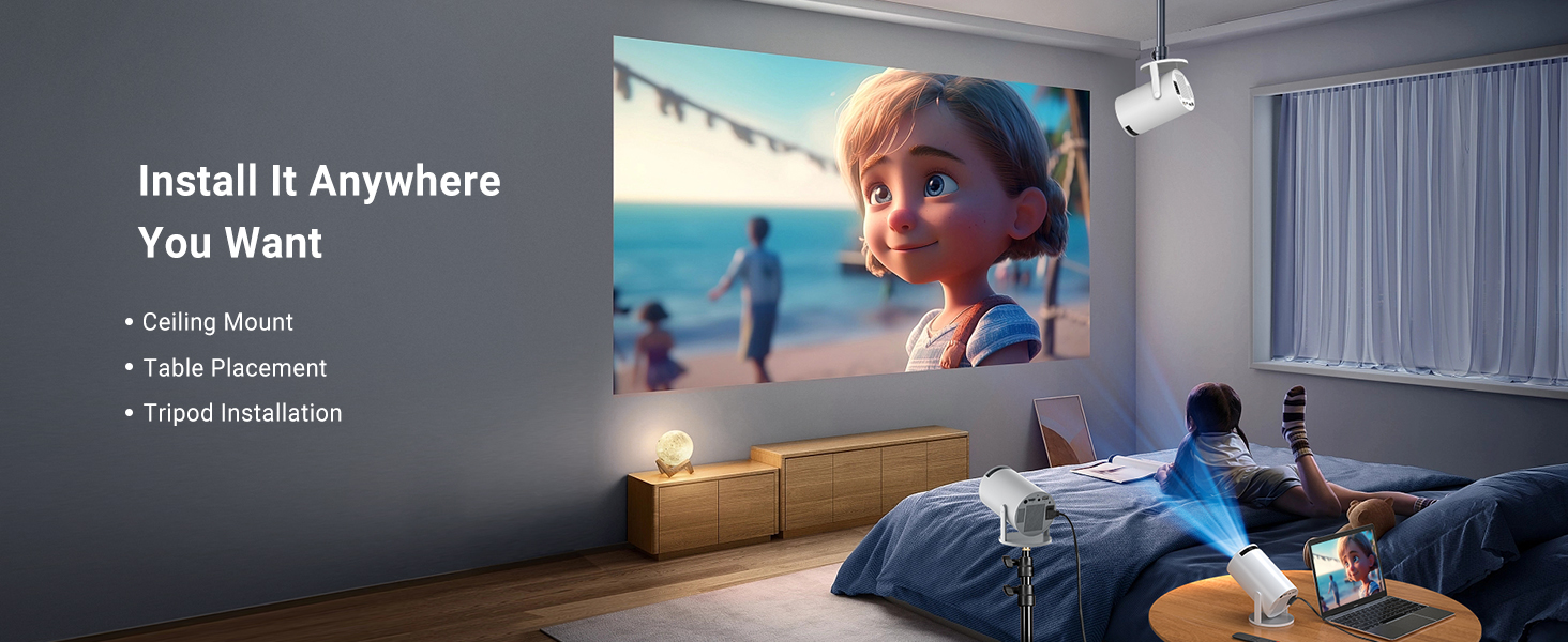 Native 1080P with Bluetooth 5.1, 200-inch giant screen capability, built-in stereo speakers