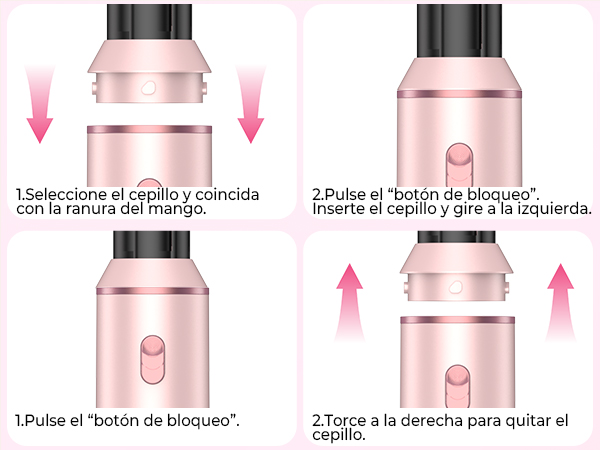 Spanish instructions showing step-by-step process for beauty product usage, featuring pink cartridges with black caps. Multiple directional arrows indicate proper handling.