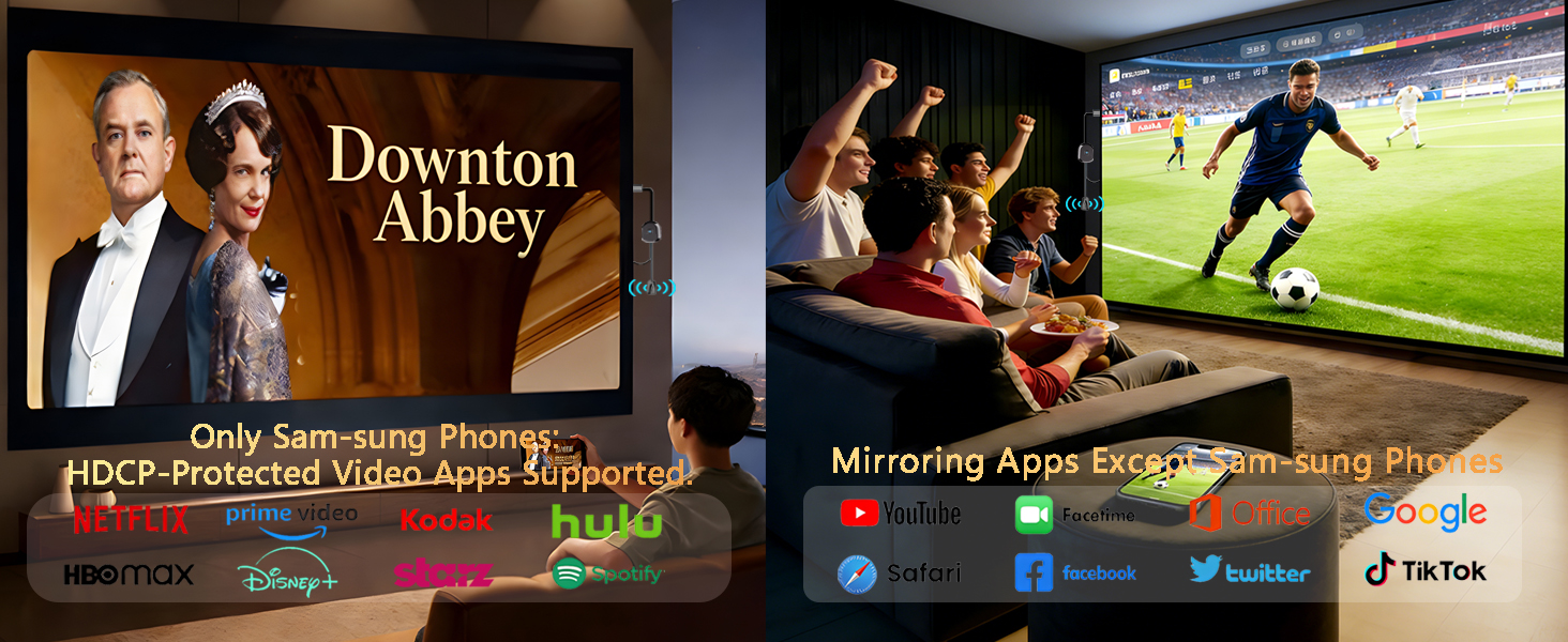 Wireless HDMI Adapter for Netflix Disney+ Prime Video, HDCP Support, Screen Mirroring for Samsung