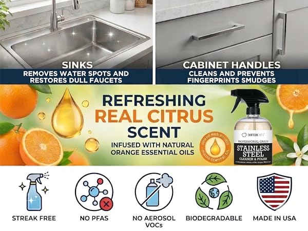Works on sinks and handles with refreshing citrus scent. Streak free and made in the USA