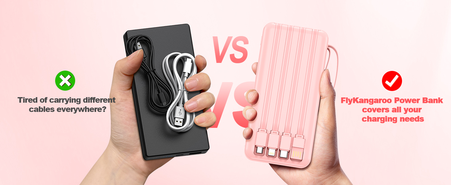 Comparison image showing two phone cases: left side shows black case with wrapped cords, right side shows pink case with organized cord storage.