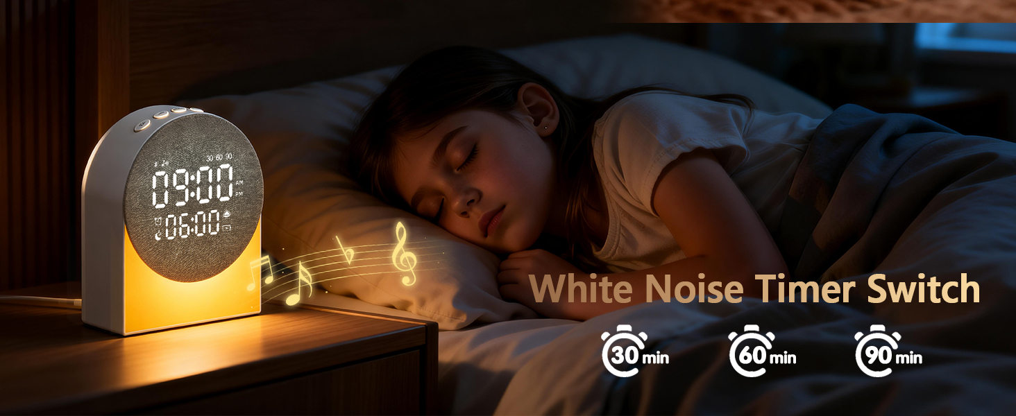 Text reads 'White Noise Timer Switch'. Dimly lit bedroom scene with digital clock/white noise machine glowing softly on nightstand, showing timer icons.