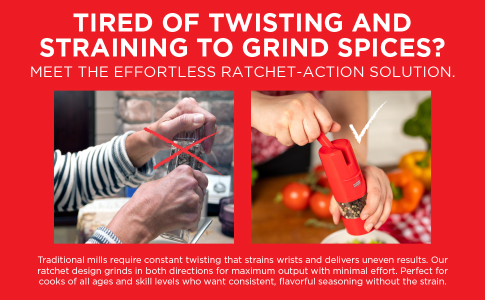 Person using ratchet spice grinder over salad, Swiss kitchen tool design