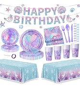 195Pcs Mermaid Birthday Party Decorations with Happy Birthday Banner Tablecloth, Mermaid Themed P...