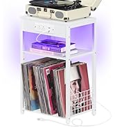 LELELINKY White Night Stand with Charging Station and LED Lights, Record Player Stand with USB Po...