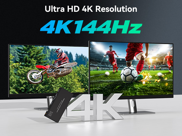 4K 144Hz display technology demonstration featuring dual monitors showing motocross and soccer scenes, with 4K logo and device in foreground.