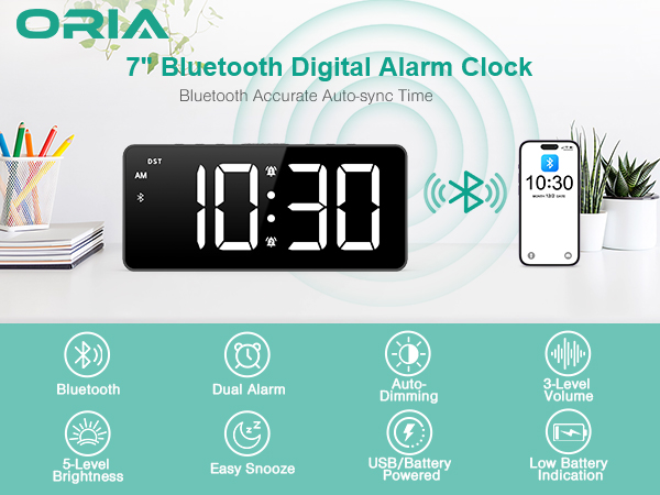 Digital Alarm Clock, LED Bedroom Clock with Bluetooth Sync Time