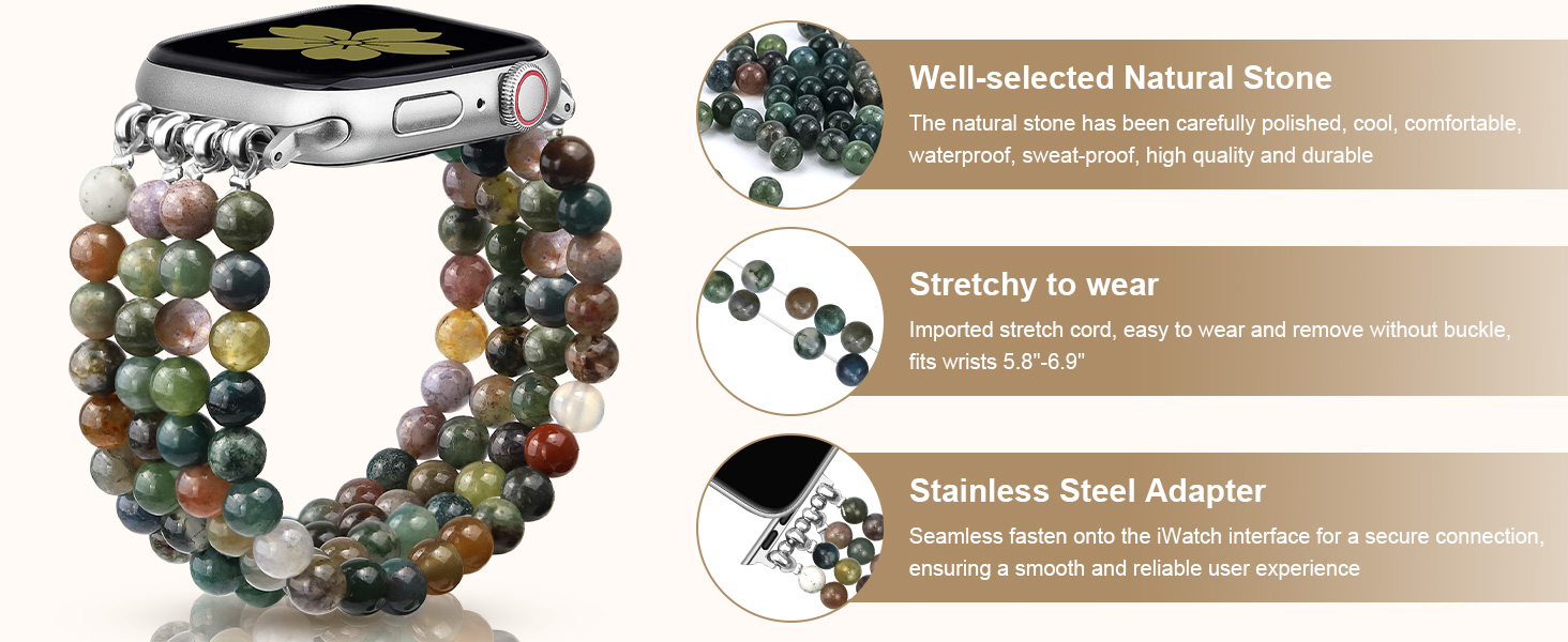 Natural Stone Bracelet Beaded Apple Watch Bands for Women Feminine Handmade Elastic Stretch Strap